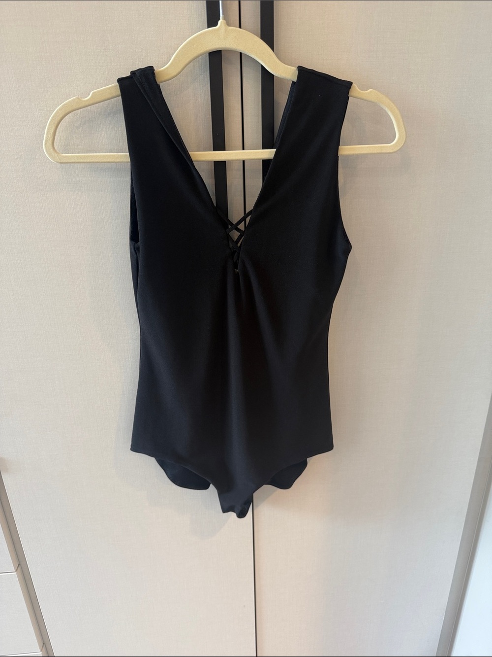Alice + Olivia Black Sleeveless V-Neck Bodysuit with Lattice Detail